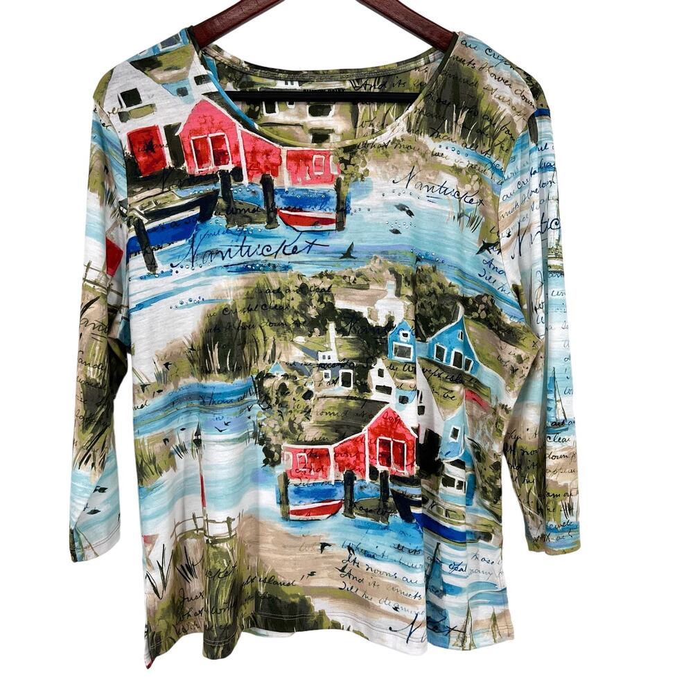 Allison Daley Petites PL Large Nantucket East Coast 3/4 Blouse Shirt Top Travel